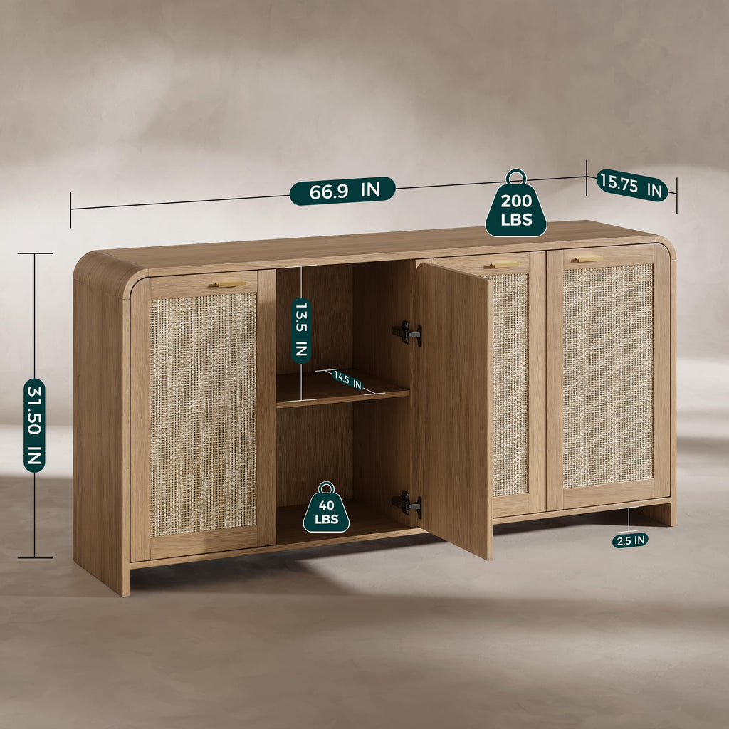 67" Rattan Sideboard Buffet Cabinet with Storage, Natural Oak