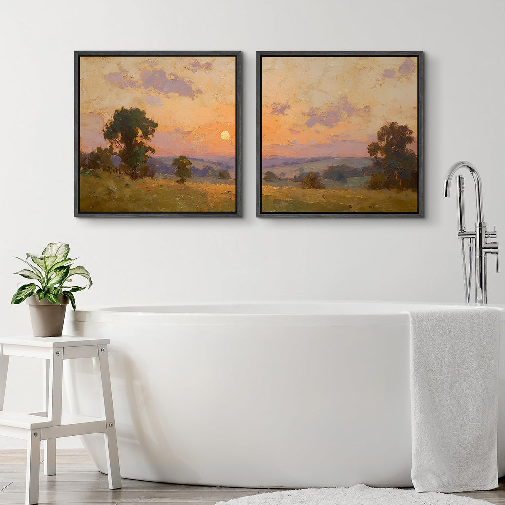 Framed Canvas Print Wall Art Set Golden Sunset Field Landscape Impressionist Countryside Illustrations Modern Art