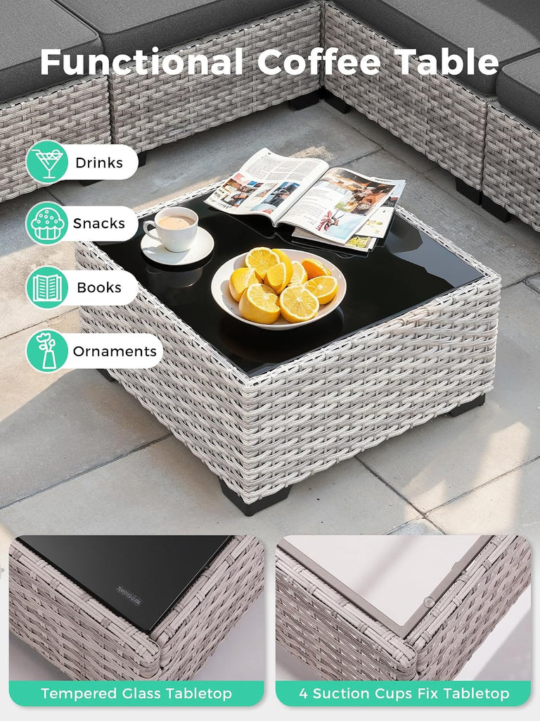 6 Piece Outdoor Sectional Sofa Set, 5-Seats Wicker Patio Furniture Set with 4" Thickened Cushions & Coffee Table