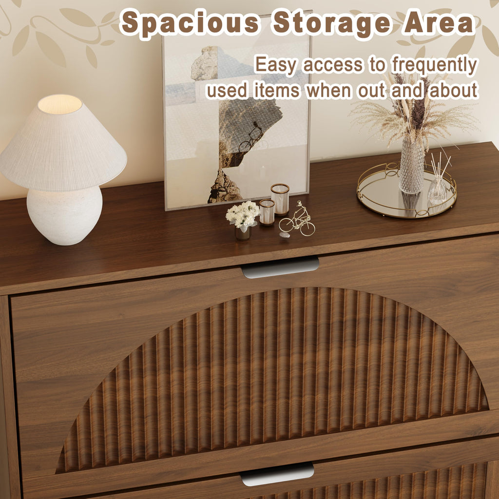 Fluted Shoe Cabinet with 3 Flip Drawers, Narrow Wood Shoe Storage Cabinet Slim Shoe Rack, Freestanding Shoe Cabinet