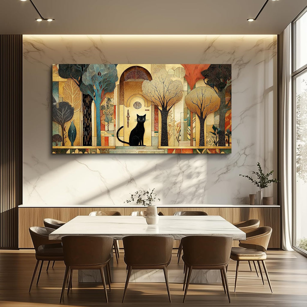 Large Canvas Wall Art Cat Abstract Pictures Vintage Nature Wall Art Modern Farmhouse Cottage Artwork Gold Trees City