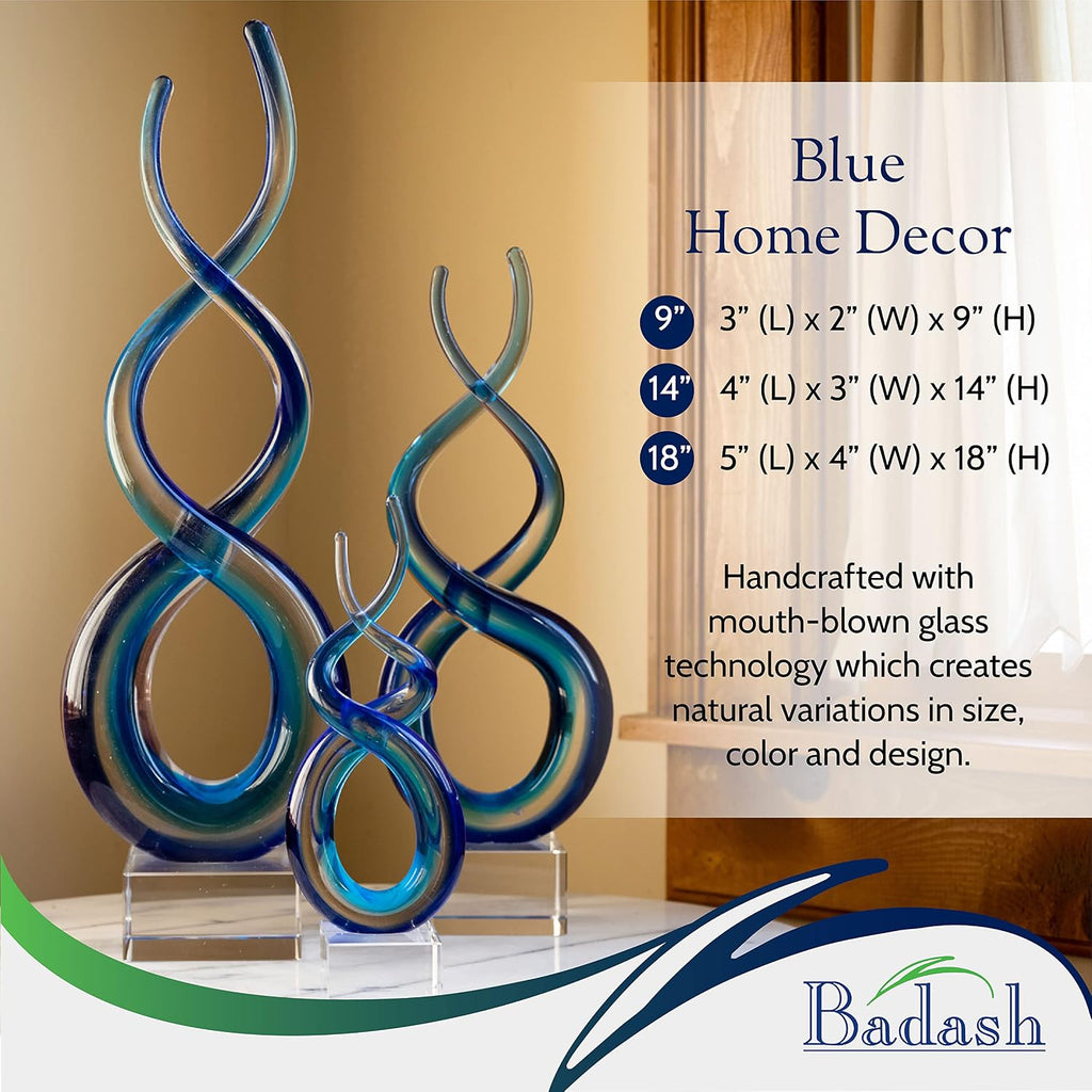 Blue Murano-Style Glass Sculpture - 9'' Wave Art on Crystal Base - Home Decor