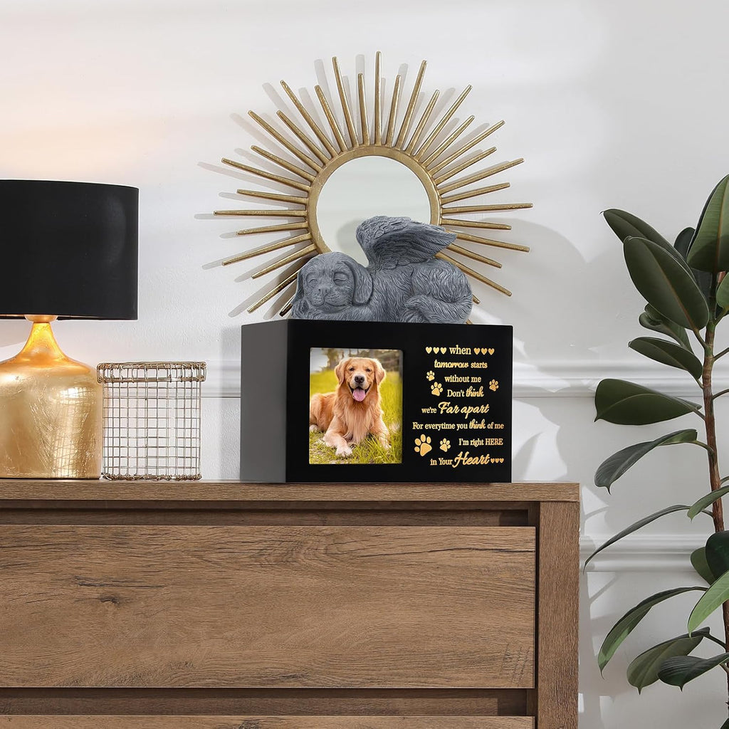 Pet Urns for Ashes, Large Wooden Pet Urns for Dog or Cat Ashes with Dog Angel, Memorial Keepsake Memory Box