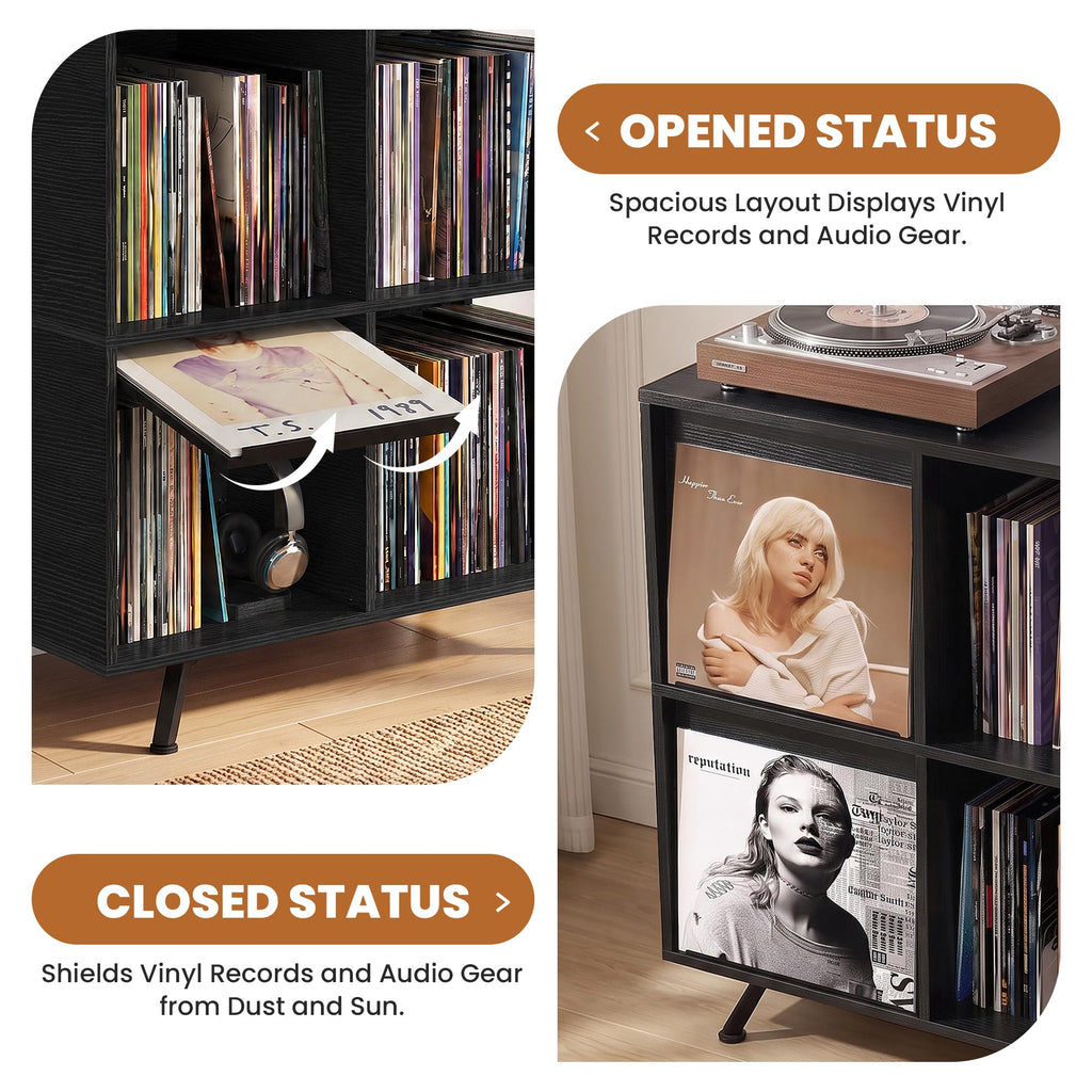 Flip Top Record Player Stand with Vinyl Storage Up to 300 Albums