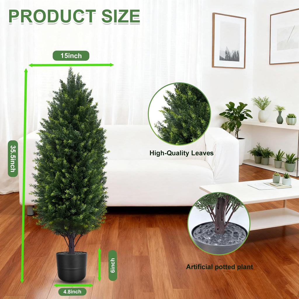 3FT Artificial Cedar Topiary Trees Outdoor Set of 2 Artificial Bushes Plants with Pot, UV Rated Potted Faux Cypress