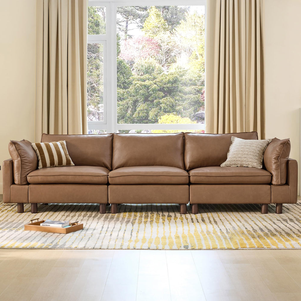 127" Genuine Leather Sofa, Large Sectional Couches, 3 Seater, Saddle