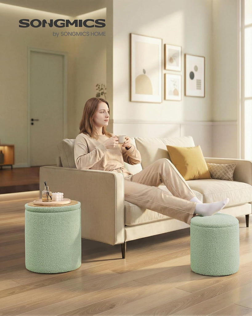Vanity Stool, Set of 2, Round Storage Ottoman, Teddy Fleece | Small Coffee Table, Removable Lid, Easy Assembly