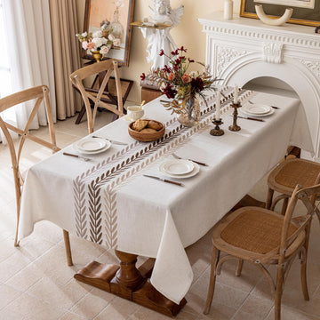 Linen Tablecloths for Rectangle Table, Heavy Duty Beige Embroidery Tablecloths, Burlap Farmhouse Tablecloth