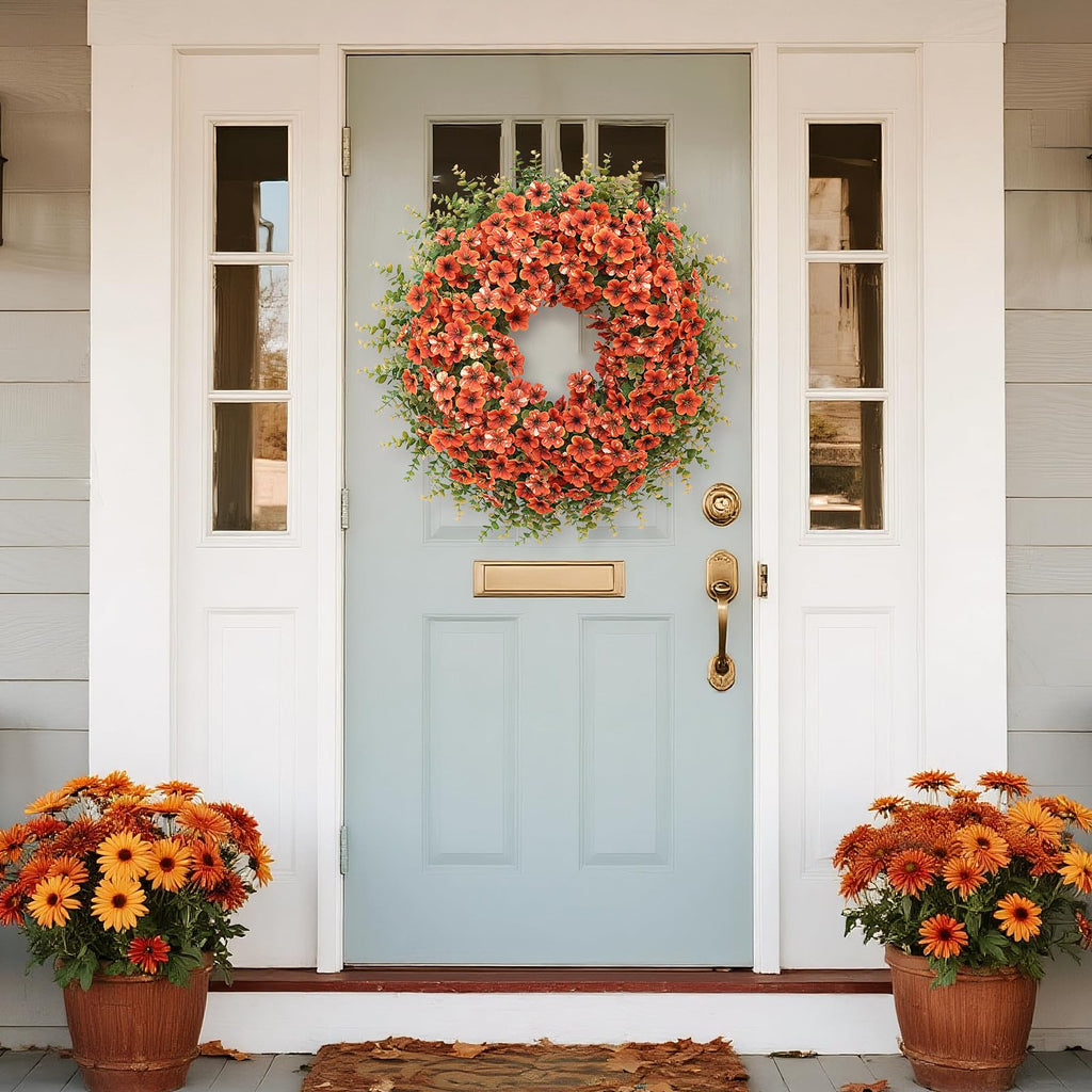 26" Large Artificial Silk Flower Eucalyptus Wreath for Outdoor(Fall Orange)
