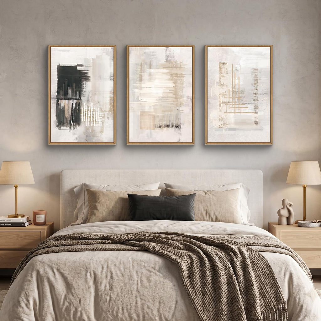 Modern Abstract Canvas Wall Art, Set of 3 Framed Art Prints, Black and White Large Wall Painting, 16x24inch Neutral
