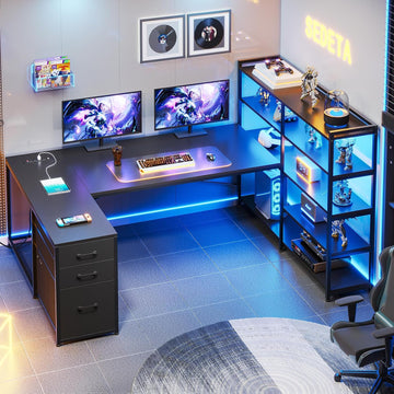 64.5" Reversible L Shaped Gaming Desk with Storage Drawers, Shelves