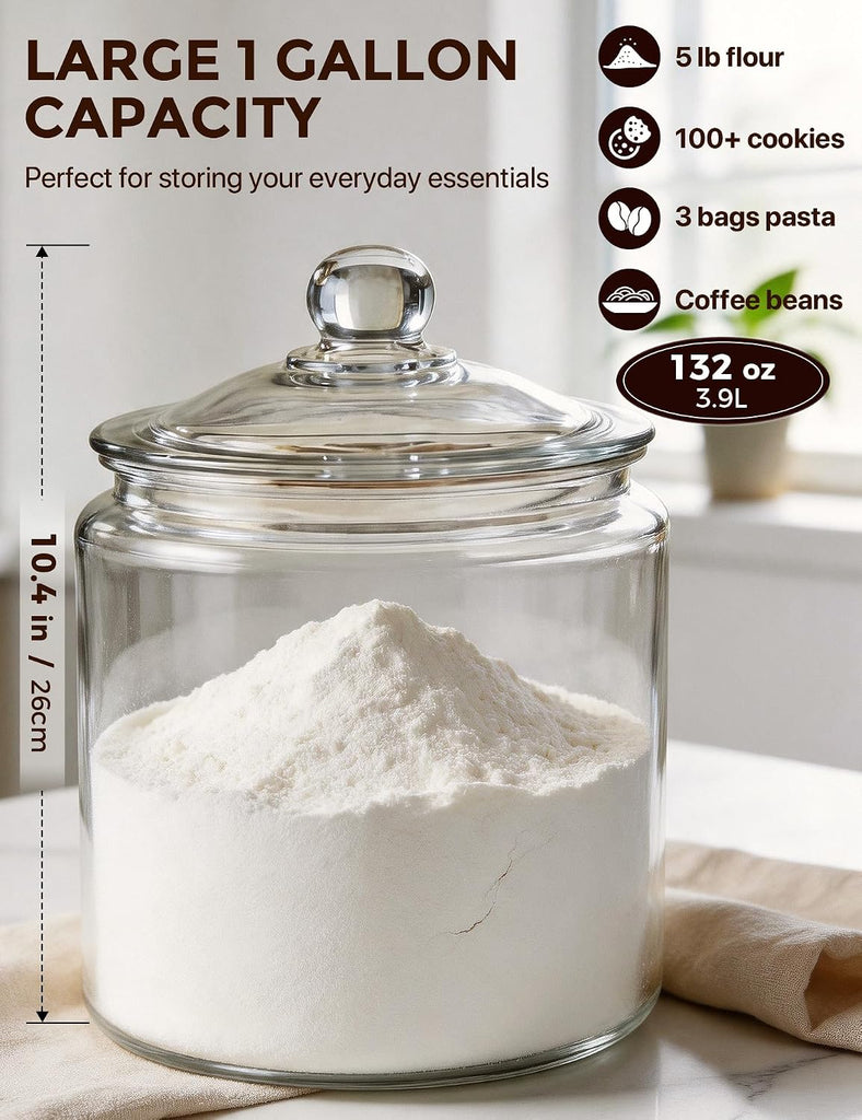 1-Gallon Cookie Jar with Wide Mouth, Glass Lid, and Silicone Seal