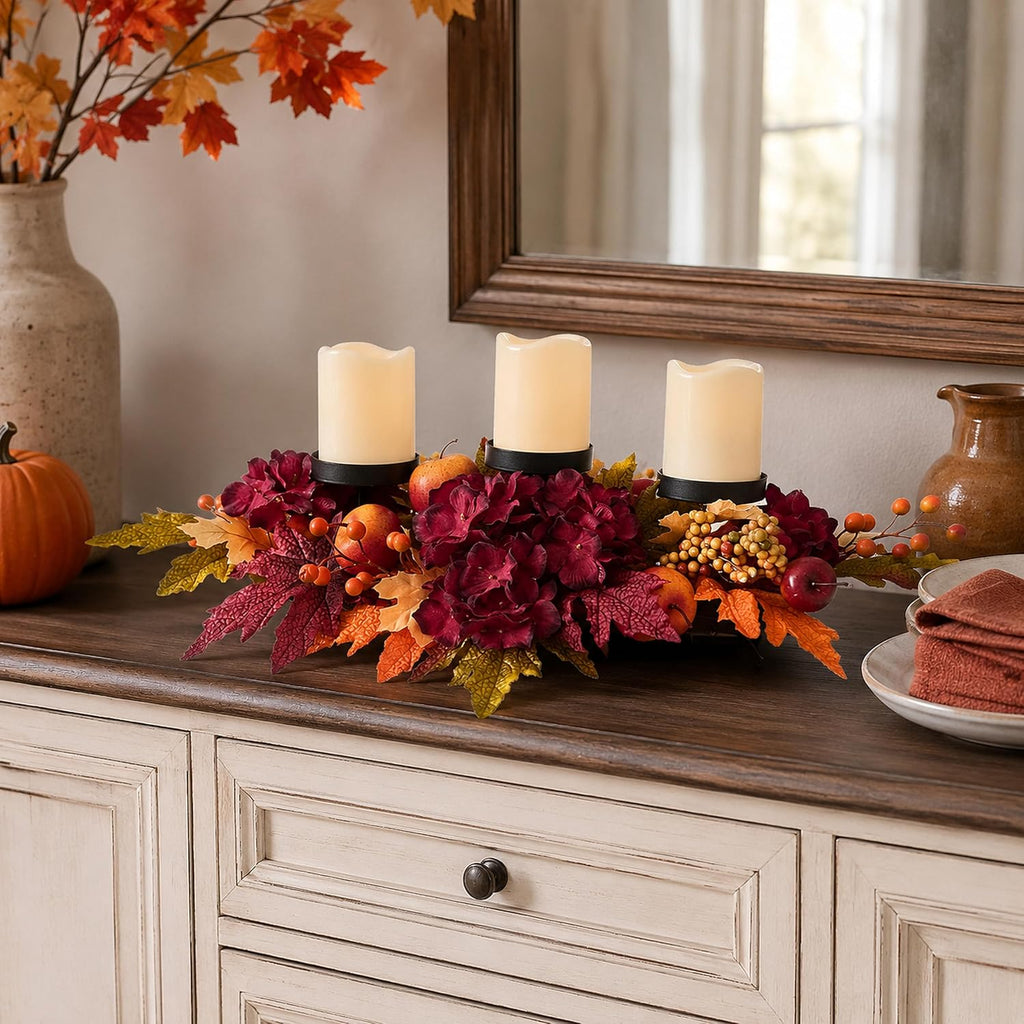 26 Inch Fall Candle Holder Centerpiece with Hydrangea and Apples | Three Candle Cups, Burgundy Hydrangea and Faux
