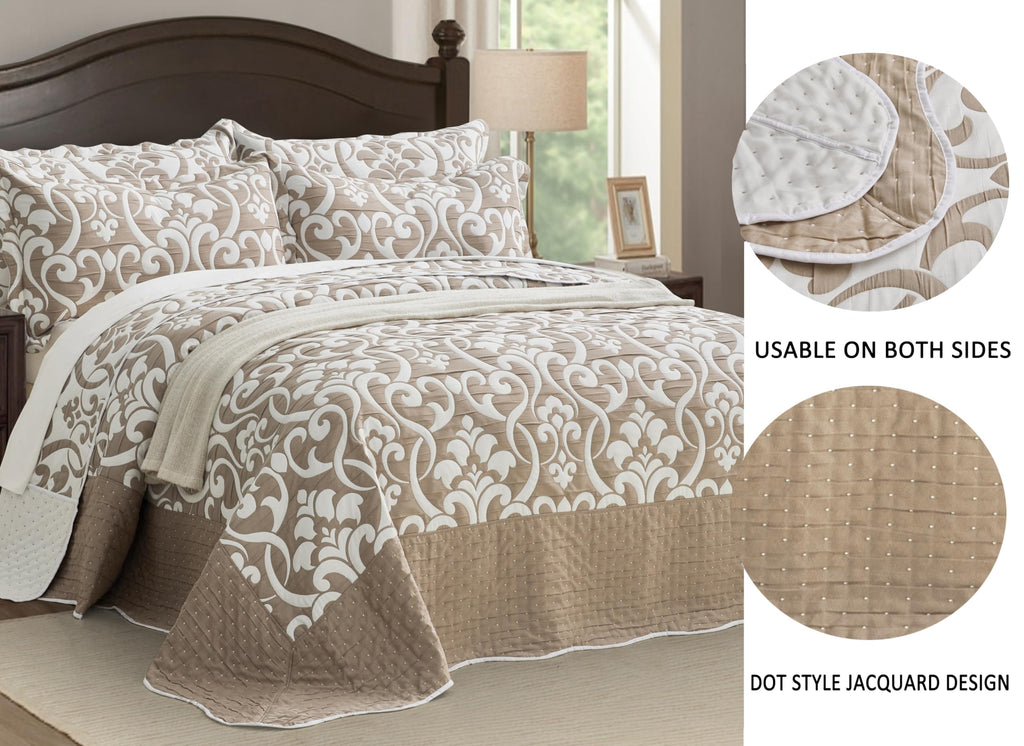 Oversized Bedspread 138x122, Jacquard Matelasse Floral Damask Design, 5-Piece Lightweight Reversible Microfiber