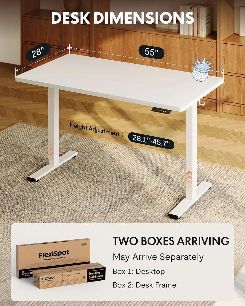 EN1 55"x28" One-Piece Standing Desk, White | 1" Thick Seamless Desktop, 176 LBS Capacity, Home Office Use, 4 Memory