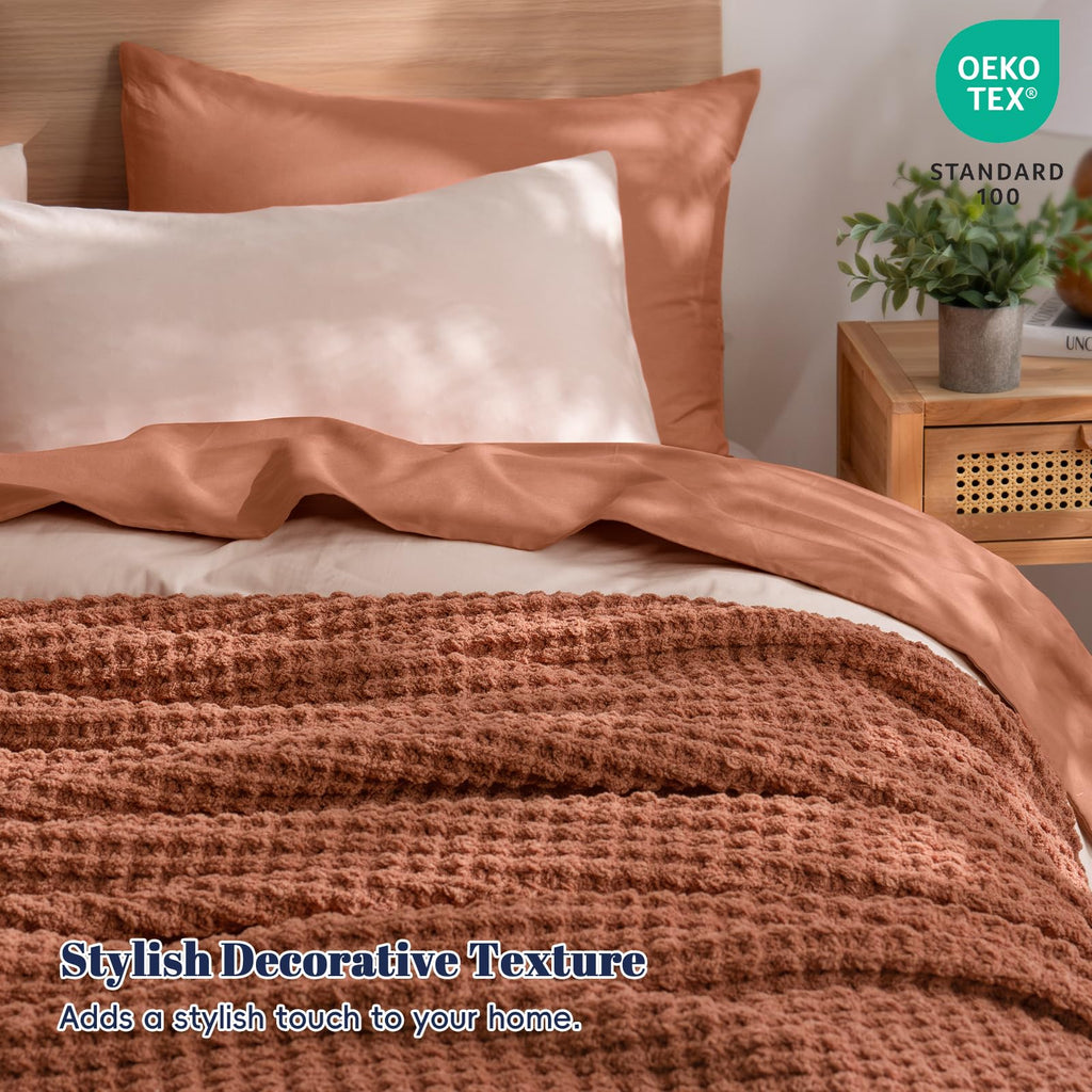Soft Chenille Waffle Knit Throw Blanket for Sofa, Warm, Terracotta