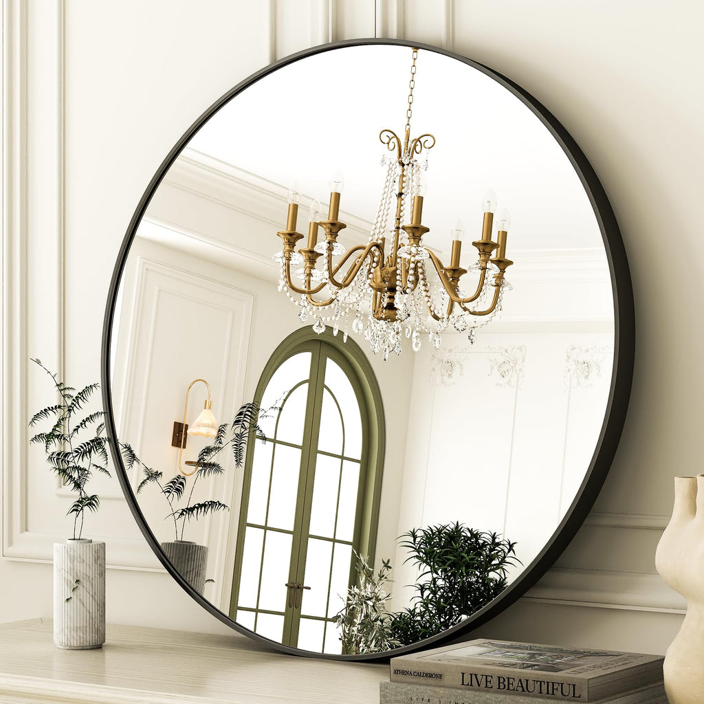36 Inch Round Bathroom Mirror - Black Wall Mounted Circle Mirror with Metal Frame, Modern Round Hanging Mirror