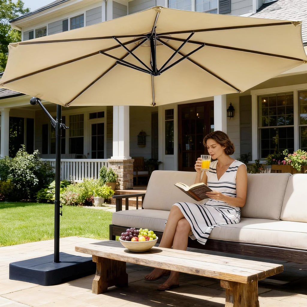 10FT Patio Umbrella with Base, Cantilever Offset Outdoor Umbrella with 360° Rotation, Infinite Tilt