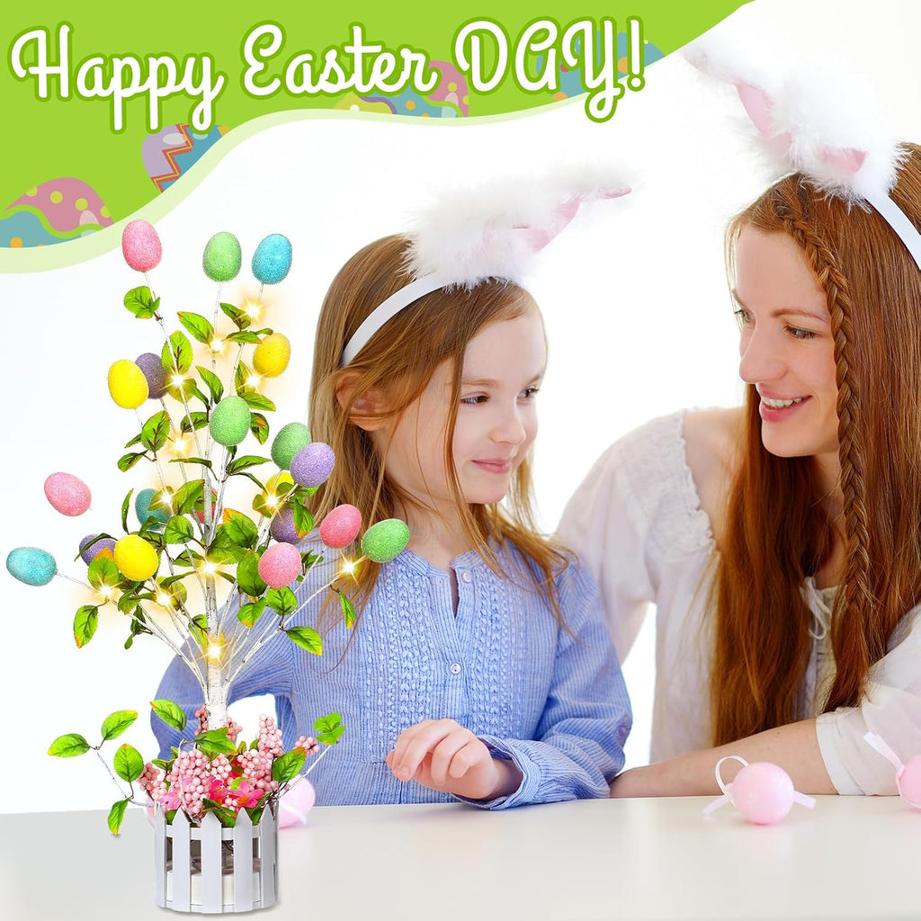 24 Inch Tall Lighted Easter Egg Tree Tabletop Decoration with LED Light Indoor Glow Easter Egg Tree Table Decor Party