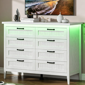 47.3'' White 8 Drawer Dresser with Power Outlet & LED Lights