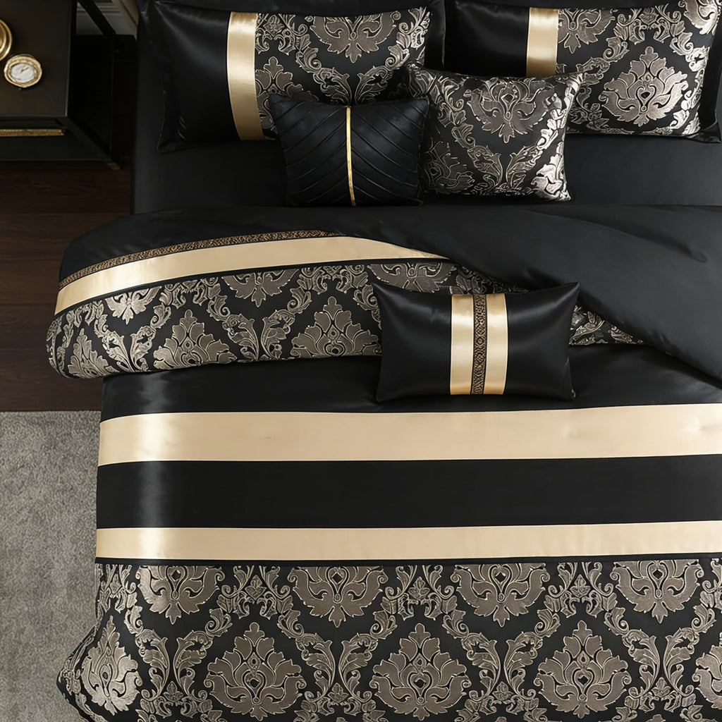 Black Gold Comforter Set, 7 Piece Luxury Damask Bed in a Bag