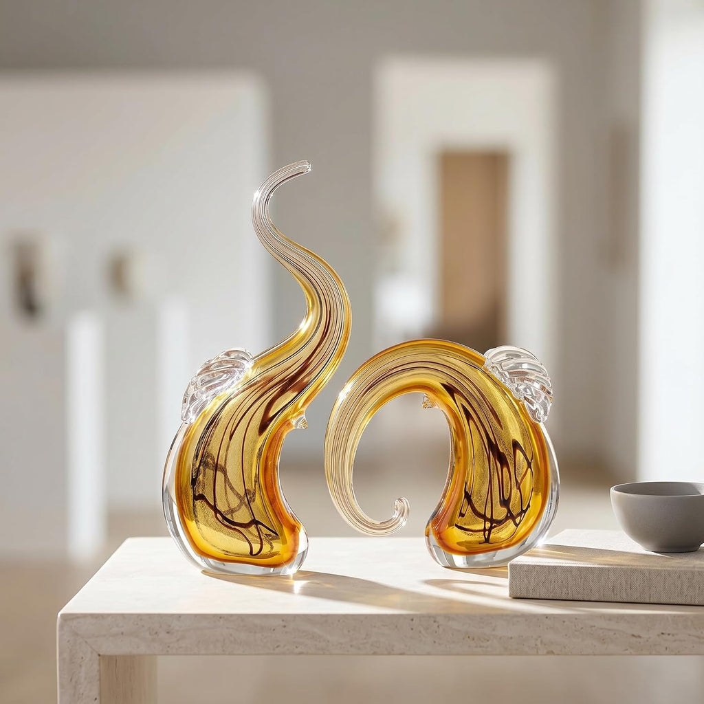 Hand Blown Elephant Statues Set - Luxury Sculptures Home Decor Art Glass Ornament Animal Collectible (Gold) - Set of 2