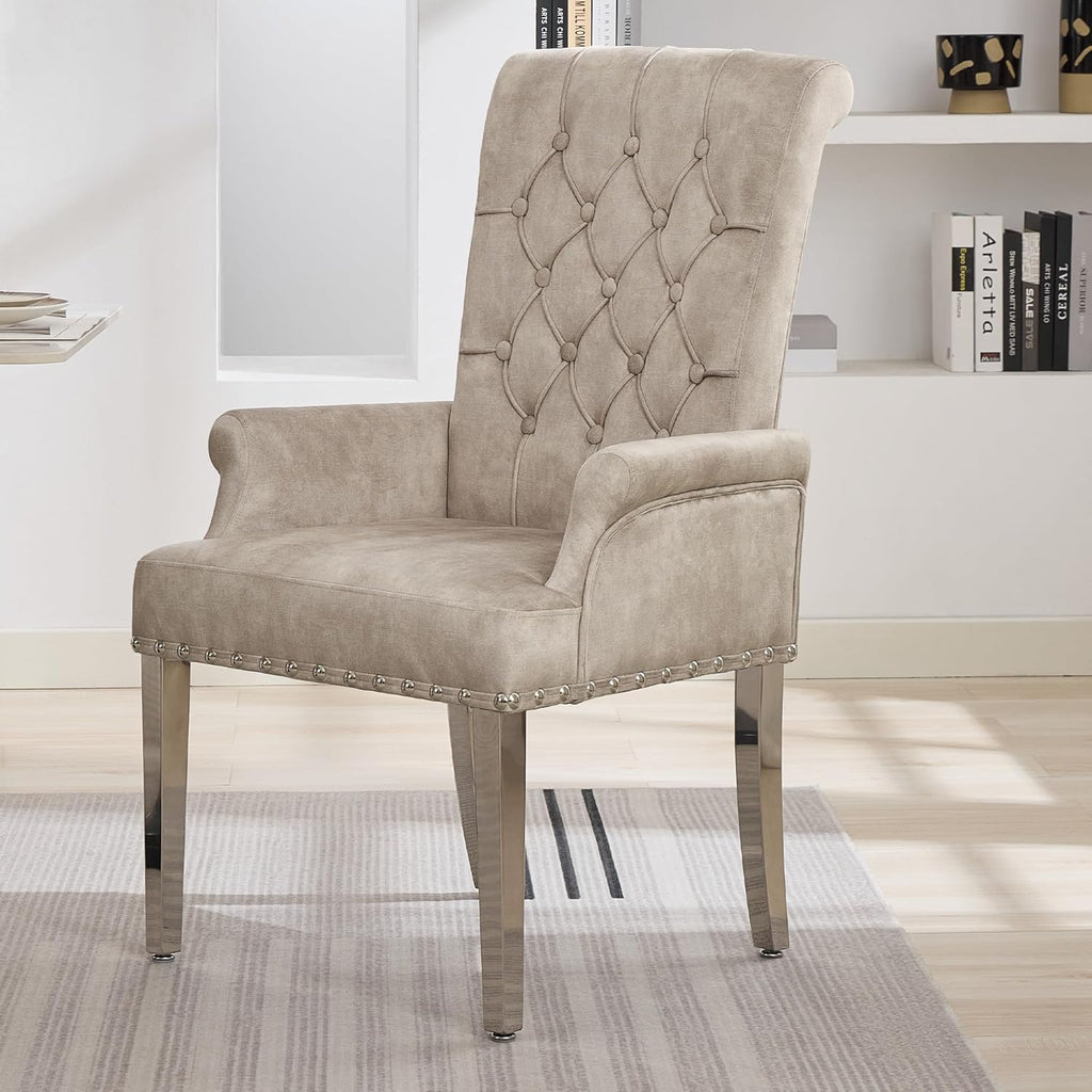 Velvet Dining Chair with Arms, Upholstered Tufted High Back Dining Room Chairs