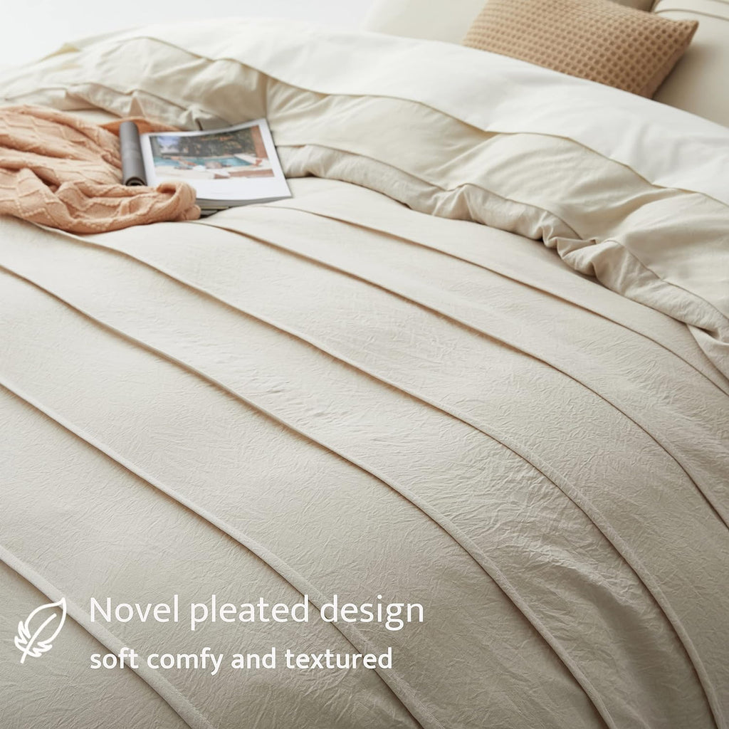 Beige Duvet Cover Queen - Pleated Queen Duvet Cover, 3PCS Soft and Breathable Textured Bedding Set with Zipper