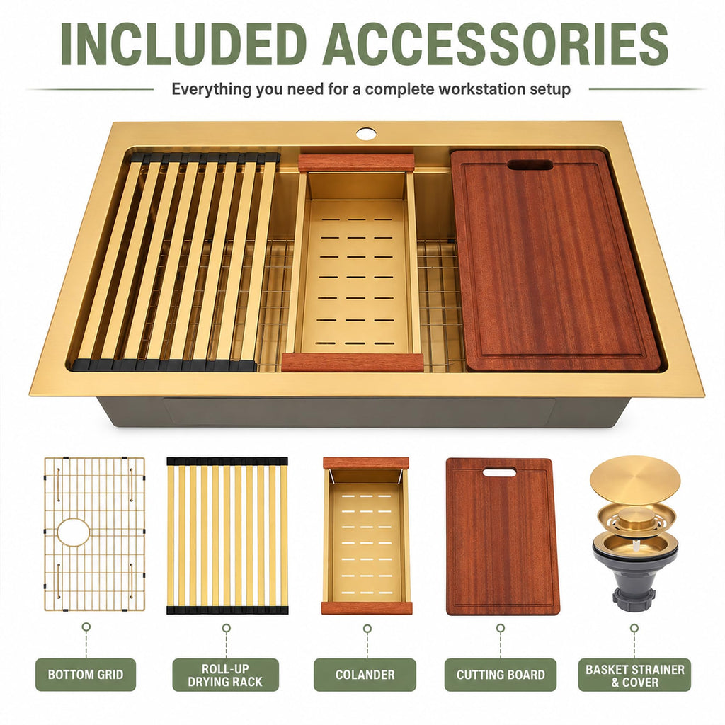 31 Inch Gold Drop- Sink, 16 Gauge Workstation Sink