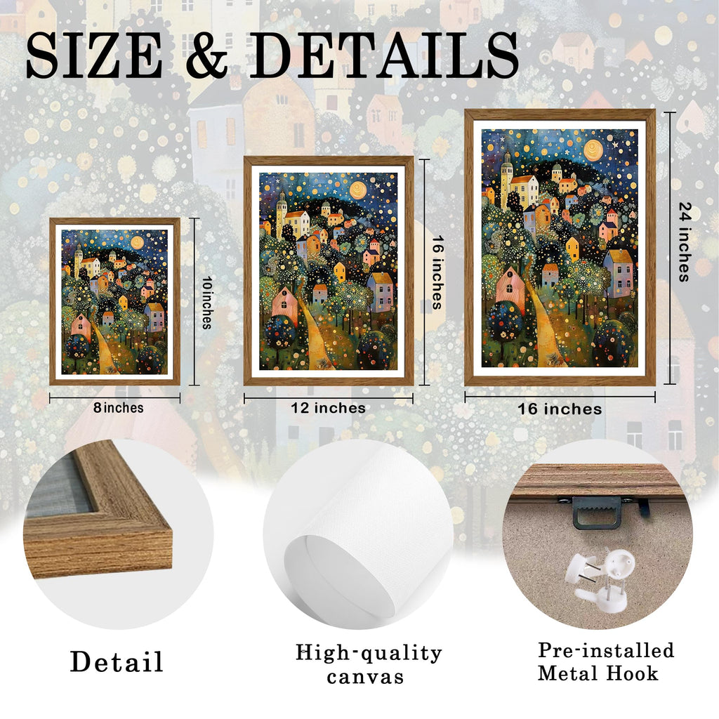 Gustav Klimt Style Village Night Wall Art Framed Canvas 16x24 inch
