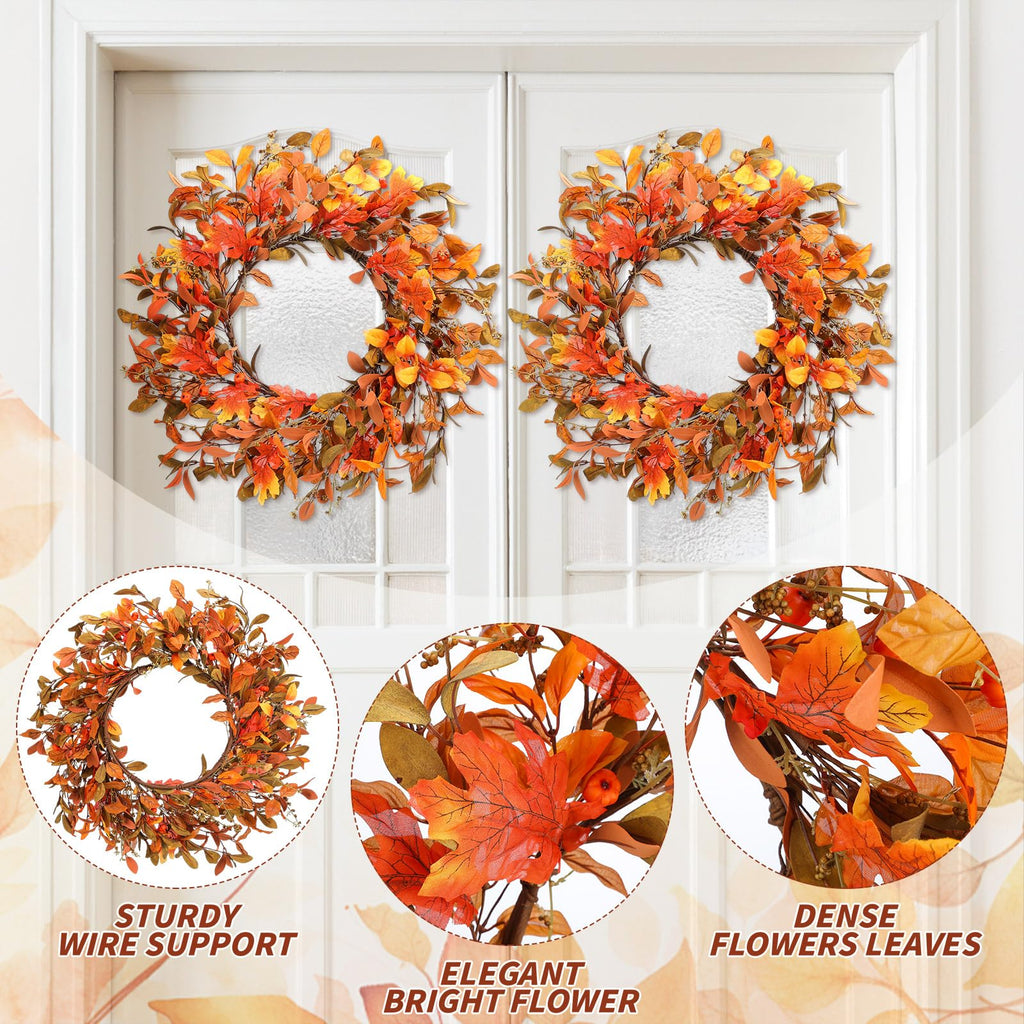 2 Pcs 22'' Fall Wreaths for Front Door Autumn Wreaths with Berries Harvest Eucalyptus Leaves Orange Gold Leaves Wall