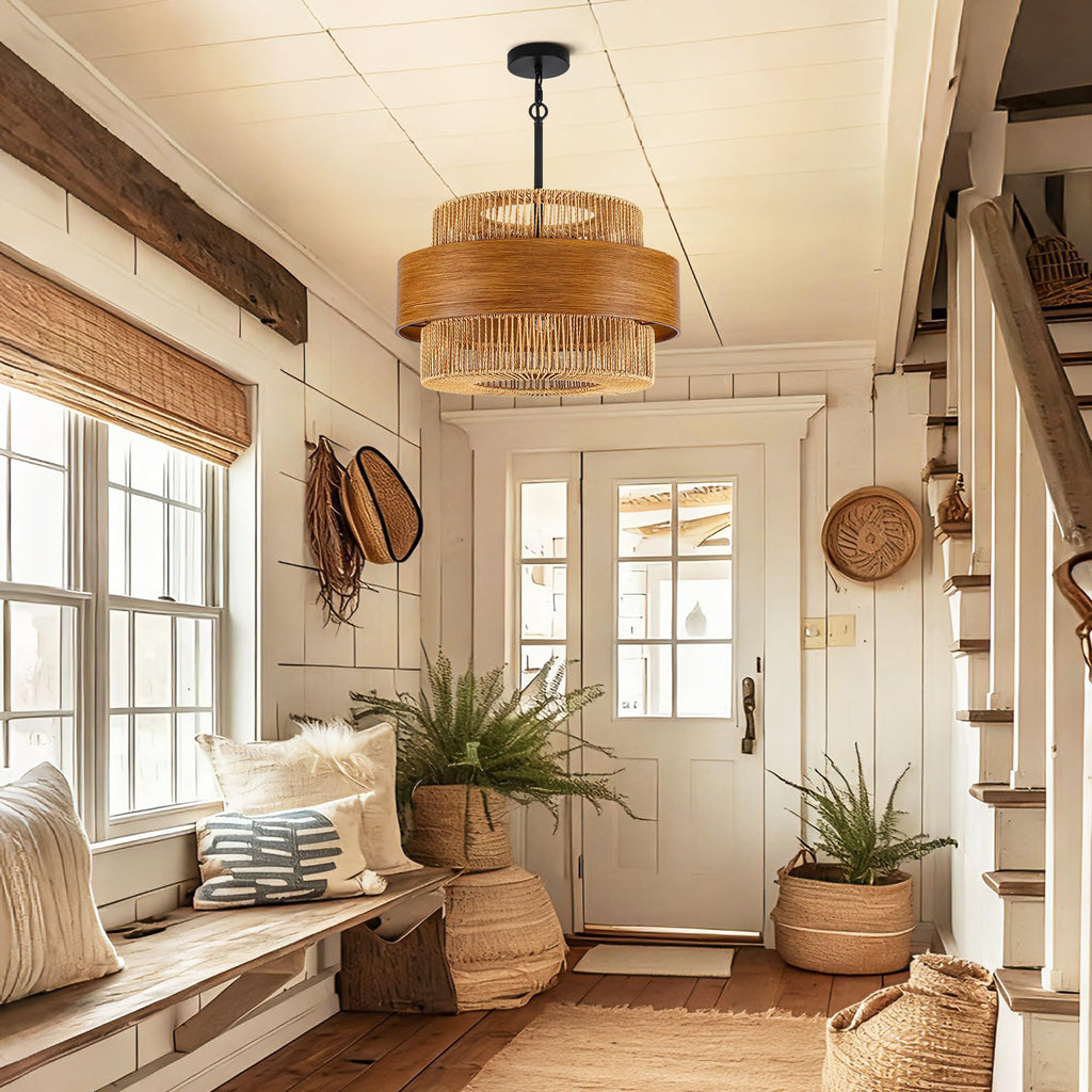 Rattan Chandelier, 5 Lights 19.68" Hand Woven Drum Boho Rattan Light Fixture