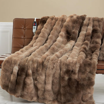 Faux Fur Electric Blanket for Women Gift, Tie-Dye Brown