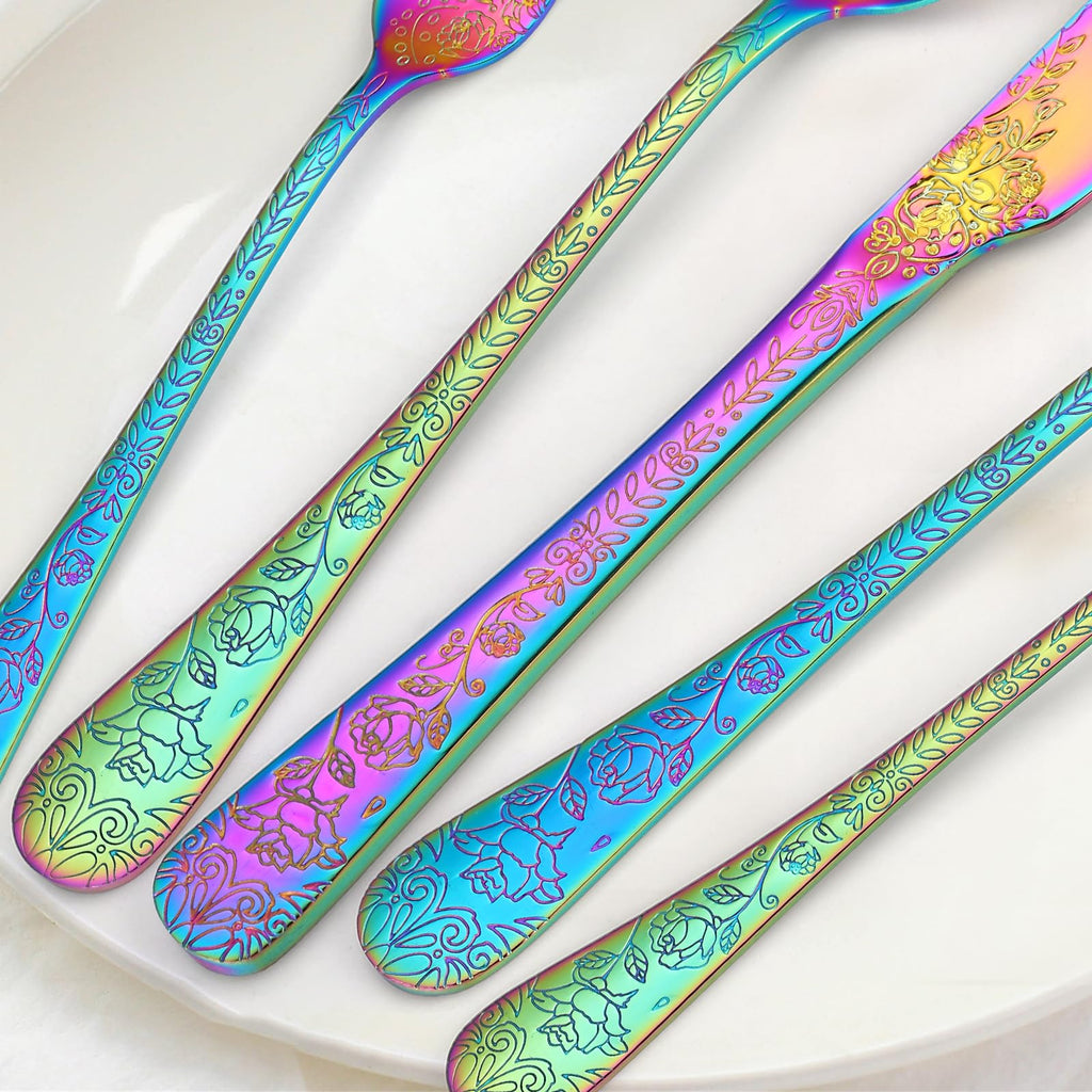 Embossed Flatware Set Rainbow 30 Piece Stainless Steel Silverware for 6 Cutlery with Floral Design Eating Utensils