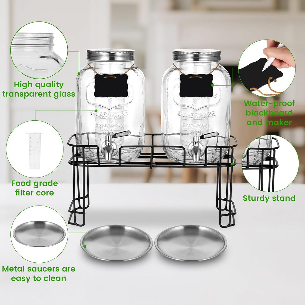 Drink Dispenser, 2 Pack 1 Gallon For Parties,Beverage Dispenser, Glass Drink Dispenser With Stand And Spigot - Set of 2