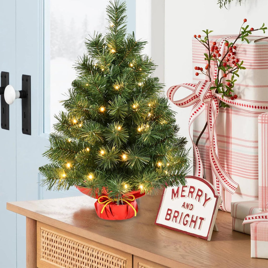 Pre-lit 2ft Small Christmas Tree, Artificial mini Christmas Tree with 50 LED Lights, Battery Operated Tabletop Xmas