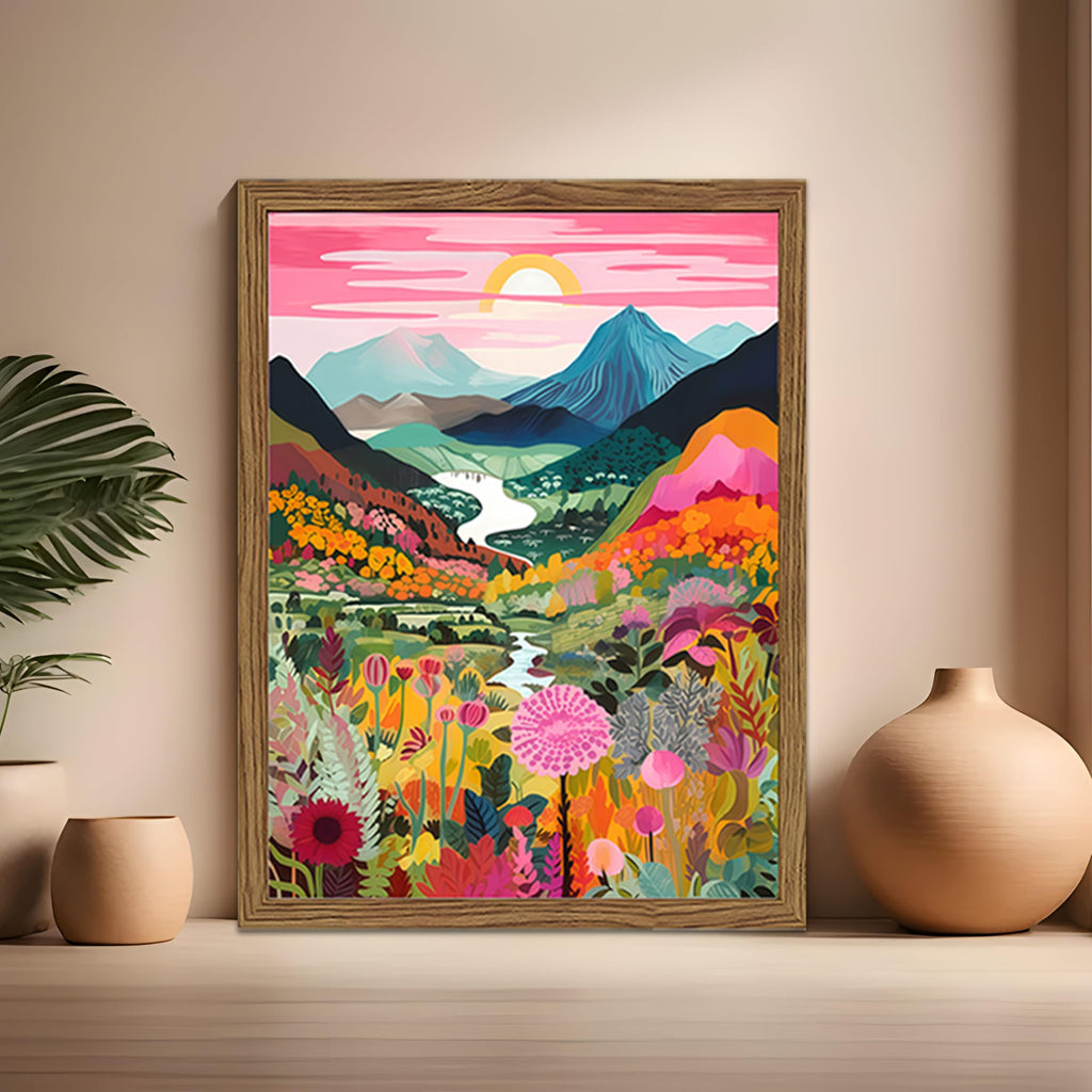 Boho Colorful Mountain Wall Art Set of 3, Abstract Watercolor Landscape Flower Wall Decor Paintings, Modern Nature