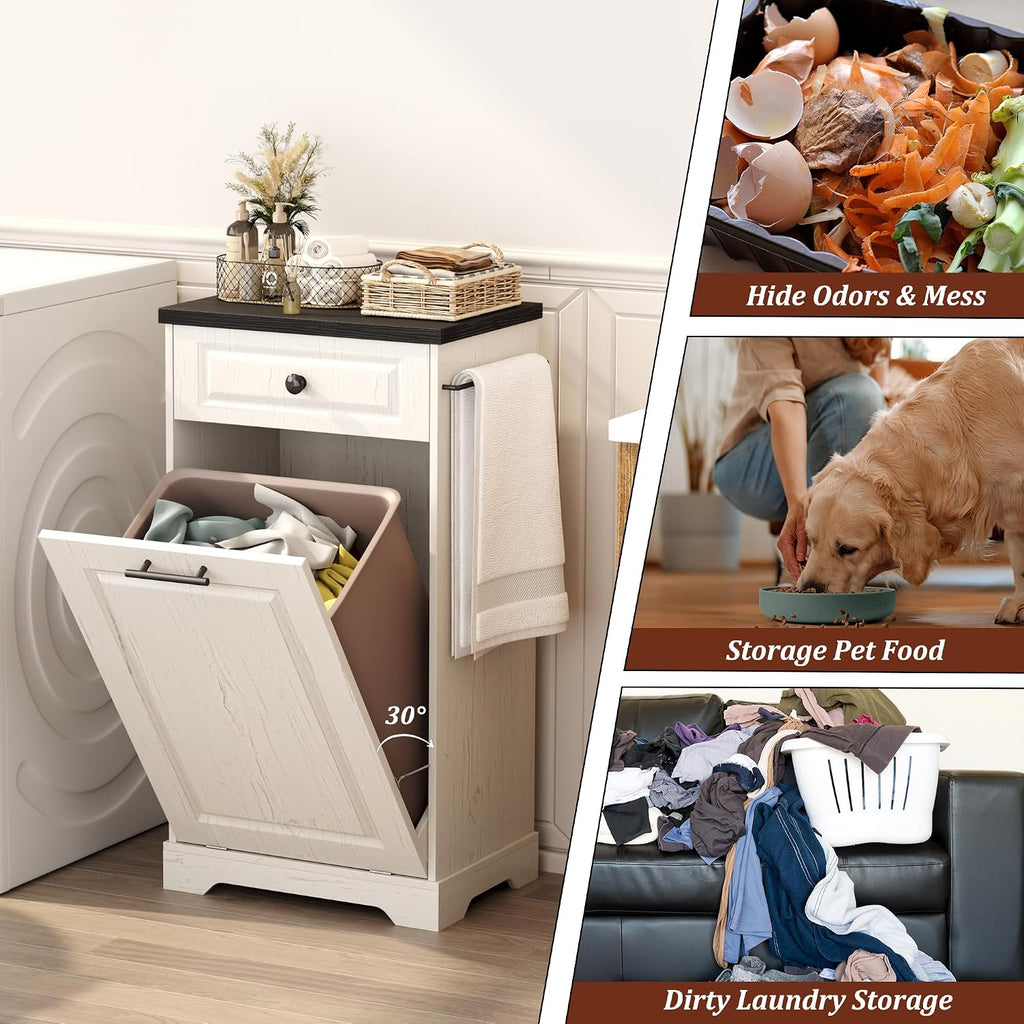 Trash Can Cabinet, 13 Gallon Tilt Out Trash Cabinet, Wooden Kitchen Garbage Can with Hideaway Drawer, Pet Proof Trash