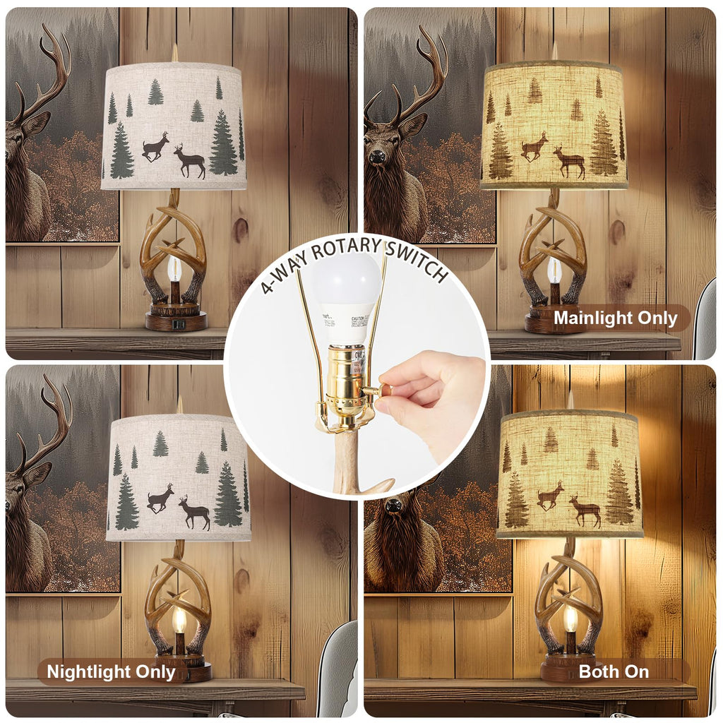Rustic Farmhouse Antlers Table Lamp Set of 2 with Night Light