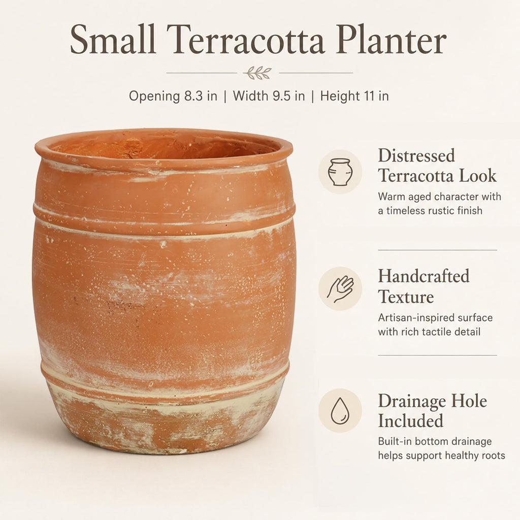 11"H x 9.5" Dia Aged Terracotta Clay Planter Pot with Drainage Hole, Rustic Farmhouse Style Flower Pot with