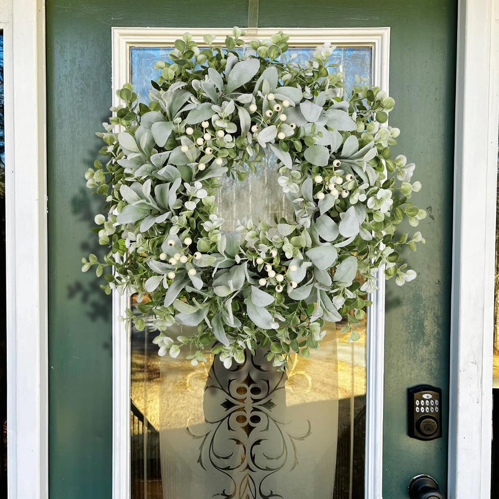 26 Inch Large Lambs Ear Wreaths for Front Door Spring Summer Lambs Leaves with White Berries, Artificial Greenery
