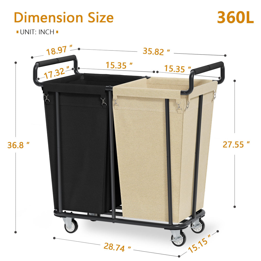 2 Section Heavy Duty Laundry Basket with Wheels, 360L