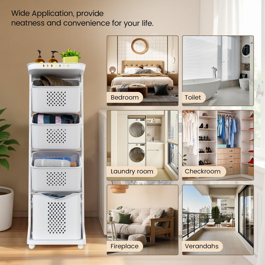 4-Tier Laundry Hamper Sorter, Vertical Laundry Baskets with Wheel