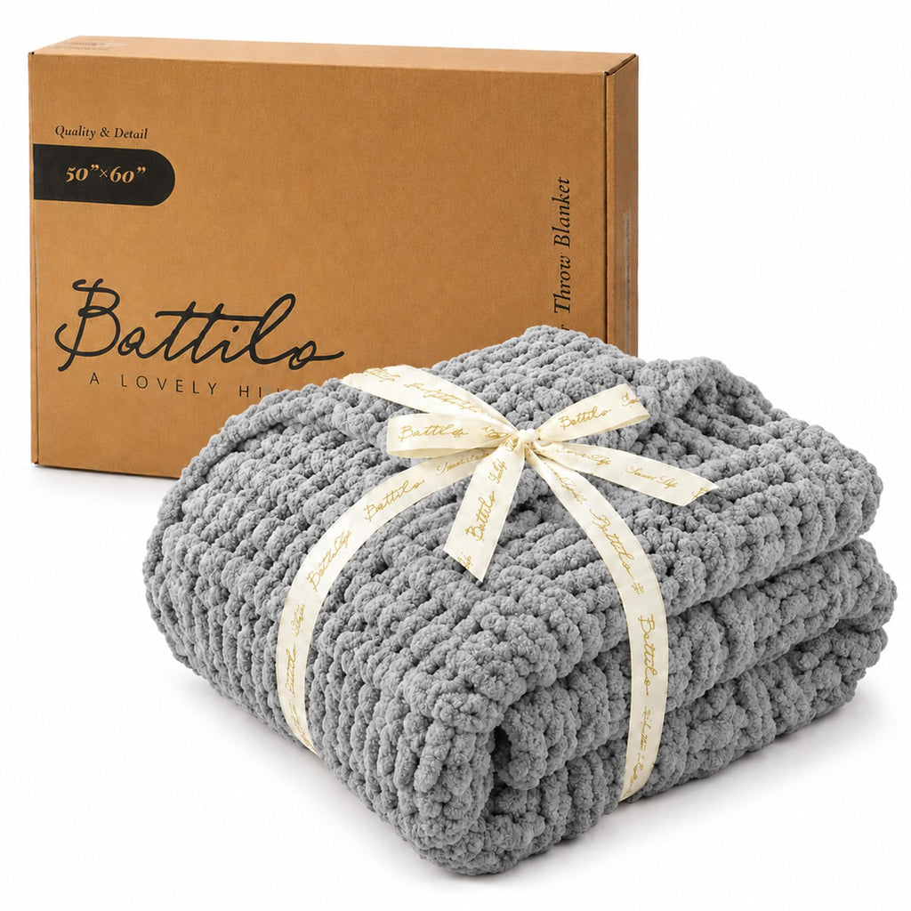 Light Grey Chunky Knit Throw Blanket for Couch, 50"x60", Textured