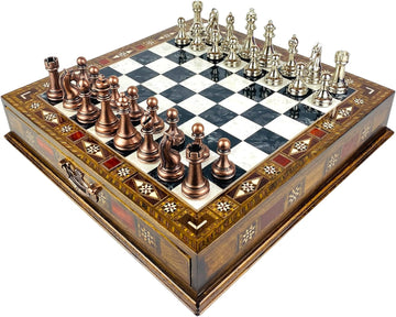 Premium Large Size Classic Chess Set with Metal Chessmen (Black Chess Board and Bronze&Silver Chess Pieces)