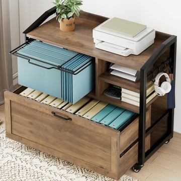 33 Inch Filing Cabinet ,Rustic Oak File Cabinet | Mobile Rolling Printer Stand with Storage Shelf with Drawer for