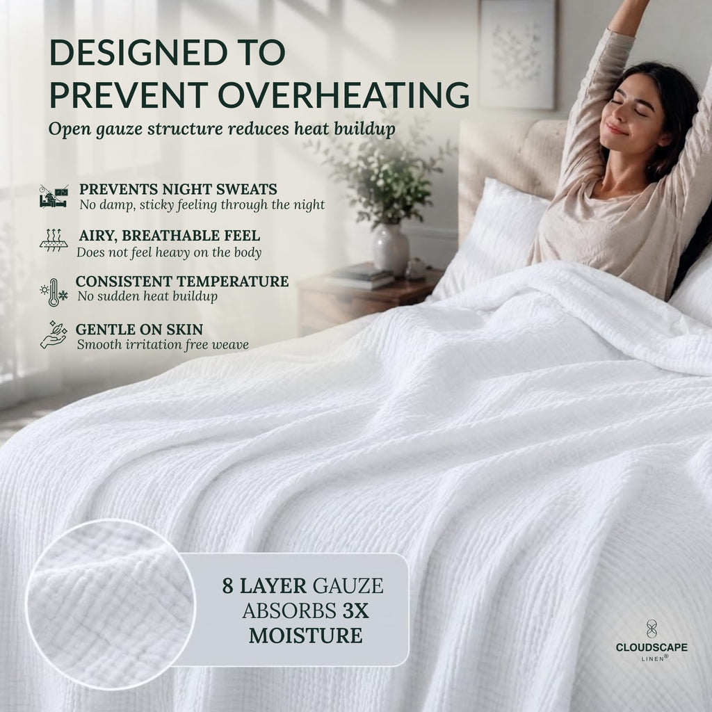 8 Layer Muslin Blanket 92"x92", 100% Cotton - White