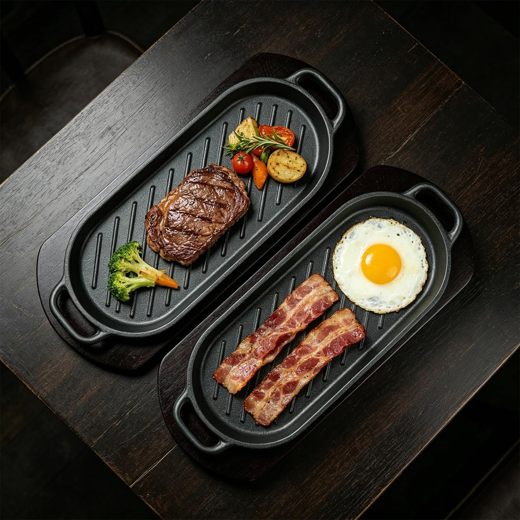 Cast Iron Sizzling Plate with Wooden Base Set of 2, Pre-seasoned Fajita Skillet for Steak and Seafood, Professional