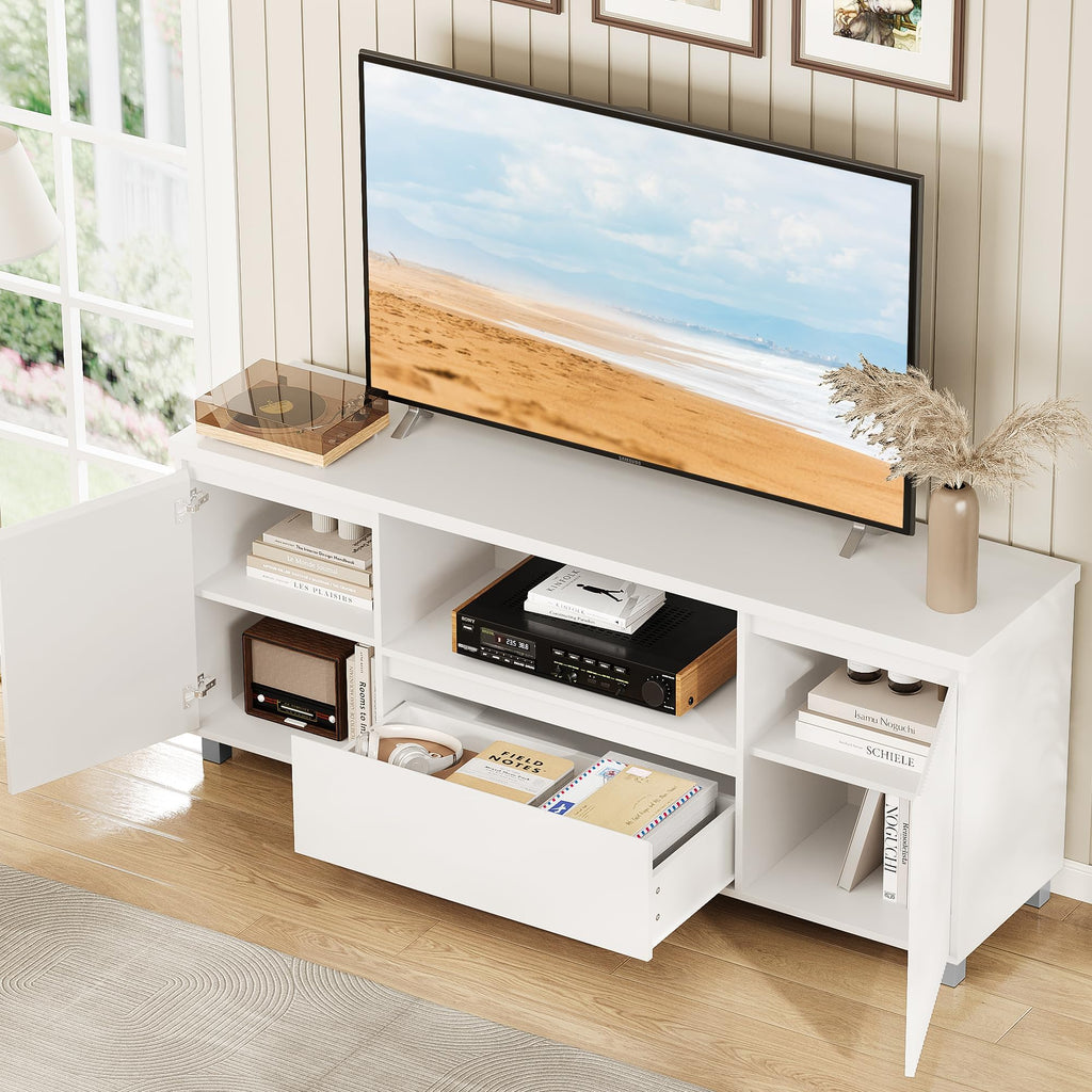 63in TV Stand for TVs Up to 70", Fluted Entertainment Center with Storage Drawer and Open Shelves, Modern TV Console