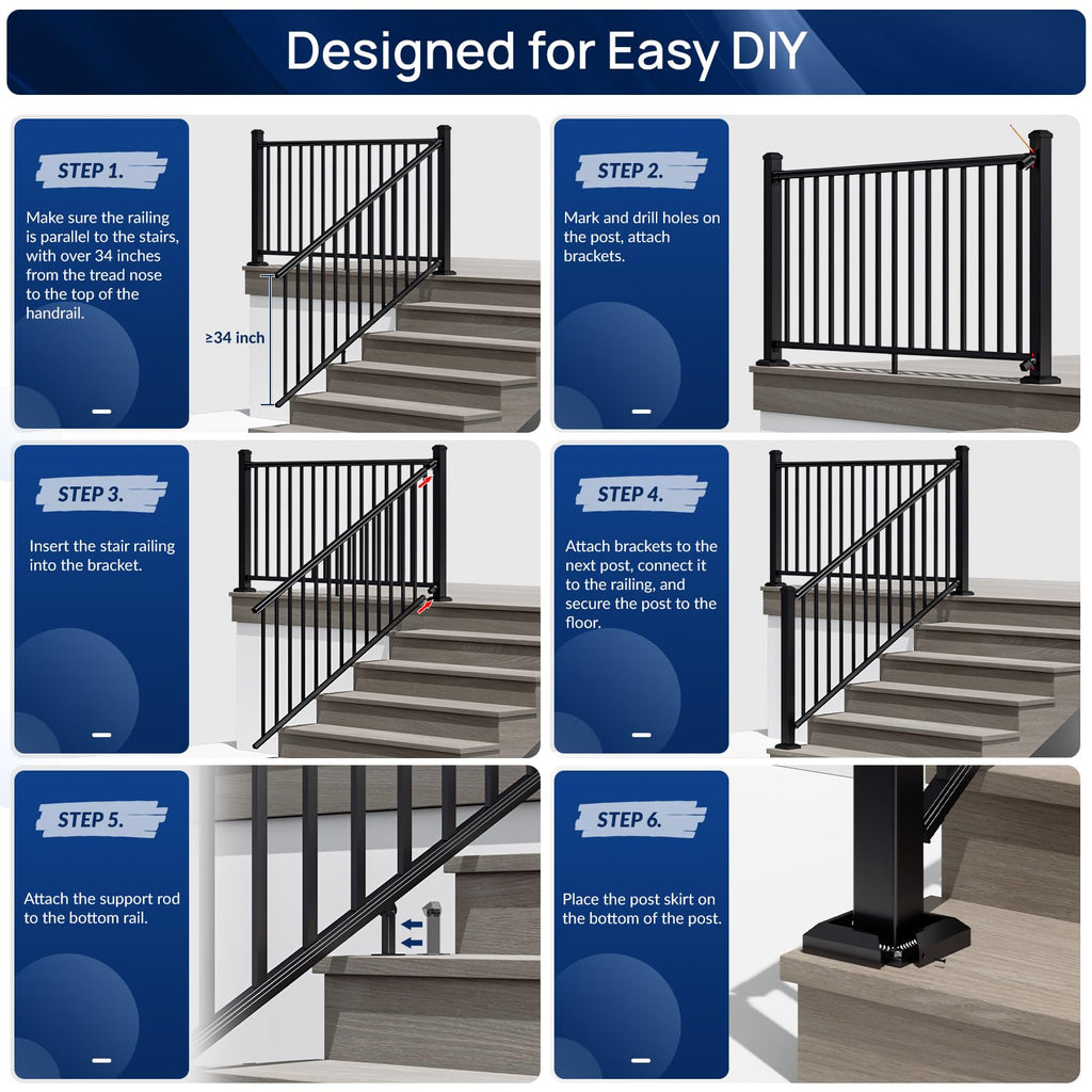 Modular Aluminum Stair Railing Kit, 42 in x 4 ft Black Step Railing